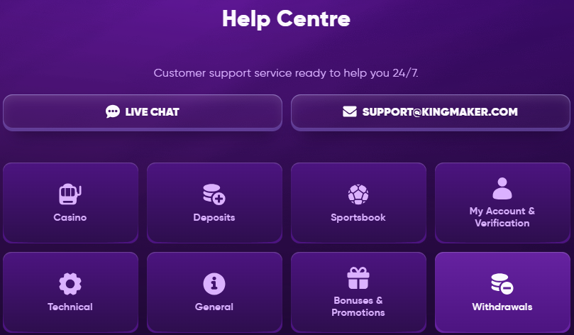 Kingmaker Help Centre mit Live Chat und Support